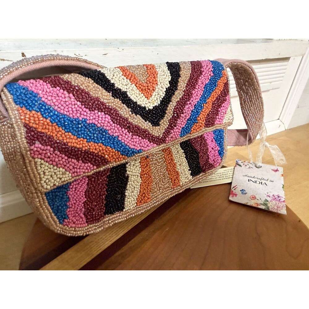 Handmade India Multicolor Beaded boho  Shoulder Bag Zip Lined Pockets nwt